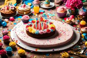 Geburtstag Kuchen mit Kerzen und bunt Konfetti auf ein Tisch. KI-generiert foto