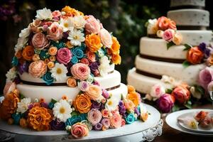 ein Hochzeit Kuchen mit bunt Blumen auf oben. KI-generiert foto