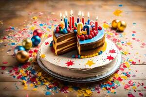 ein Geburtstag Kuchen mit Kerzen auf Es. KI-generiert foto