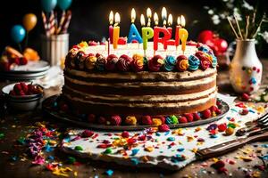 ein Geburtstag Kuchen mit Kerzen und bunt Konfetti. KI-generiert foto
