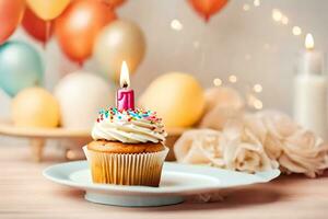 ein Cupcake mit ein zündete Kerze auf ein Platte. KI-generiert foto