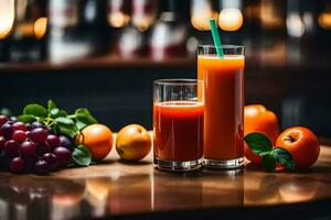 zwei Brille von Saft mit Obst und Gemüse auf ein Tisch. KI-generiert foto