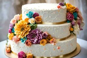 ein drei abgestuft Kuchen mit bunt Blumen auf oben. KI-generiert foto