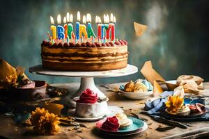 Geburtstag Kuchen mit Kerzen auf oben von Es. KI-generiert foto