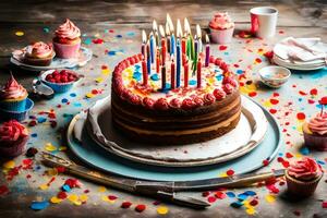 Geburtstag Kuchen mit Kerzen auf ein hölzern Tisch. KI-generiert foto