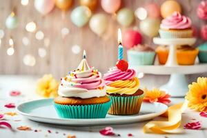 Geburtstag Cupcakes mit Kerzen auf ein Platte. KI-generiert foto