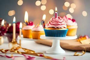 ein Cupcake mit Rosa Glasur und Kerzen auf ein Weiß Kuchen Stand. KI-generiert foto