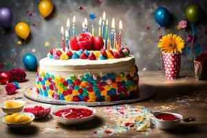 ein Geburtstag Kuchen mit Kerzen auf Es. KI-generiert foto