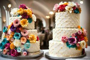 zwei Hochzeit Kuchen mit bunt Blumen auf oben. KI-generiert foto