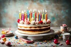 Geburtstag Kuchen mit Kerzen auf ein hölzern Tisch. KI-generiert foto
