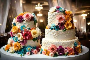 zwei Hochzeit Kuchen mit bunt Blumen auf oben. KI-generiert foto
