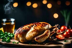 ein geröstet Hähnchen auf ein hölzern Schneiden Tafel mit ein Glas von Bier. KI-generiert foto