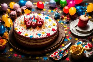 ein Geburtstag Kuchen mit Kerzen und Konfetti. KI-generiert foto