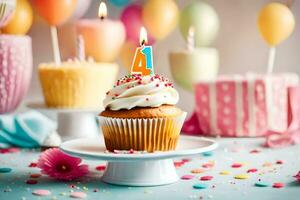 ein Cupcake mit ein Geburtstag Kerze auf oben. KI-generiert foto