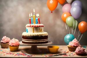 ein Geburtstag Kuchen mit Kerzen und Luftballons. KI-generiert foto