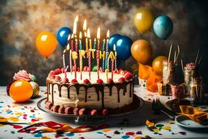 ein Geburtstag Kuchen mit Kerzen auf Es. KI-generiert foto