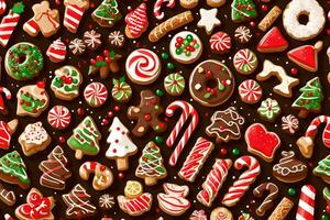 Weihnachten Kekse und Süßigkeiten Stöcke auf ein dunkel Hintergrund. KI-generiert foto