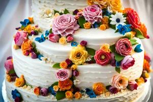 ein Hochzeit Kuchen mit bunt Blumen auf oben. KI-generiert foto