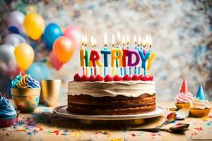 ein Geburtstag Kuchen mit Kerzen auf oben und Luftballons. KI-generiert foto