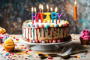 ein Geburtstag Kuchen mit Kerzen und bunt Briefe. KI-generiert foto
