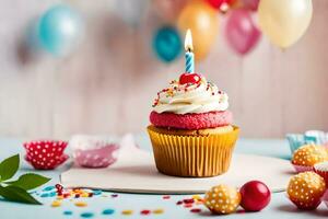 ein Cupcake mit ein Geburtstag Kerze auf oben. KI-generiert foto