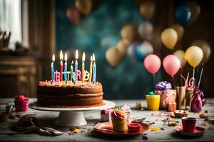 ein Geburtstag Kuchen mit Kerzen auf es und Luftballons. KI-generiert foto