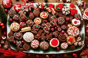 ein Teller von Weihnachten Kekse und Süßigkeiten. KI-generiert foto