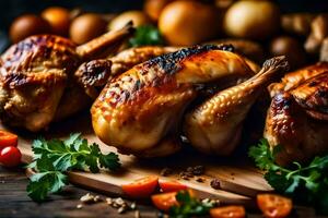 geröstet Hähnchen auf ein hölzern Schneiden Tafel mit Gemüse. KI-generiert foto