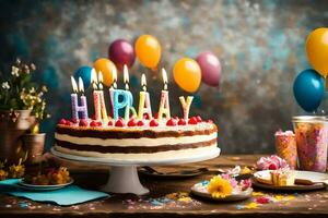 ein Geburtstag Kuchen mit Kerzen auf oben und Luftballons. KI-generiert foto
