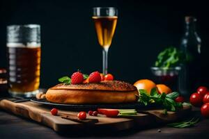 ein Teller mit ein Sandwich und ein Glas von Bier. KI-generiert foto