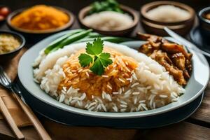 das Gericht ist serviert mit Reis, Gemüse und Gewürze. KI-generiert foto
