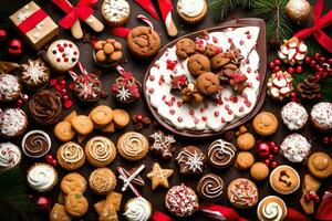 Weihnachten Kekse und Kuchen auf ein schwarz Hintergrund. KI-generiert foto