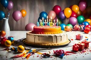 Geburtstag Kuchen mit Kerzen und Luftballons. KI-generiert foto