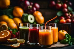 frisch Saft im Brille auf ein hölzern Tisch. KI-generiert foto