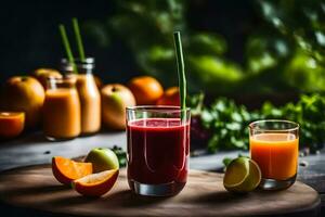 ein Glas von Saft mit Orangen und Orangen. KI-generiert foto