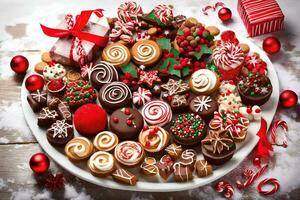 Weihnachten Dessert Teller mit Weihnachten Kekse und Süßigkeiten. KI-generiert foto