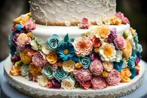 ein Hochzeit Kuchen mit bunt Blumen auf oben. KI-generiert foto