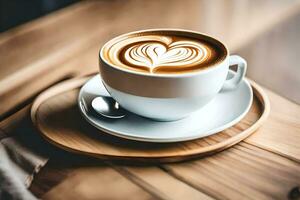 ein Tasse von Kaffee mit Herz geformt Latté Kunst auf das Tisch. KI-generiert foto