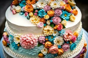 ein Hochzeit Kuchen mit bunt Blumen auf oben. KI-generiert foto