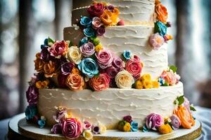 ein Hochzeit Kuchen mit bunt Blumen auf oben. KI-generiert foto