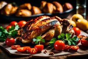 ein geröstet Hähnchen mit Gemüse und Tomaten auf ein Schneiden Tafel. KI-generiert foto