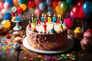 ein Geburtstag Kuchen mit Kerzen und Luftballons. KI-generiert foto