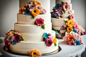 ein Hochzeit Kuchen mit bunt Blumen auf oben. KI-generiert foto