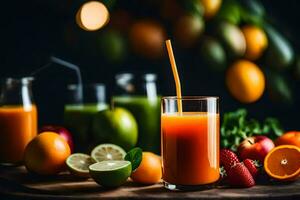 ein Glas von Saft mit Orangen, Erdbeeren und Zitronen. KI-generiert foto