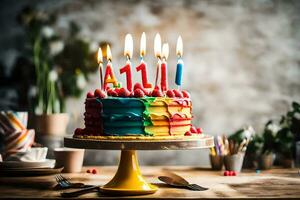 ein Geburtstag Kuchen mit Kerzen auf Es. KI-generiert foto