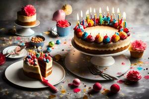 Geburtstag Kuchen mit Kerzen auf ein Tisch. KI-generiert foto