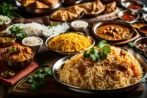indisch Essen Geschirr auf ein hölzern Tisch. KI-generiert foto