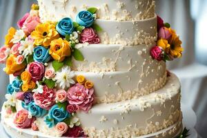 ein Hochzeit Kuchen mit bunt Blumen auf oben. KI-generiert foto