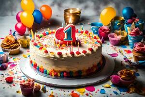ein Geburtstag Kuchen mit ein Nummer einer auf Es. KI-generiert foto