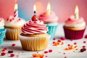 viele Cupcakes mit Kerzen auf ihnen. KI-generiert foto